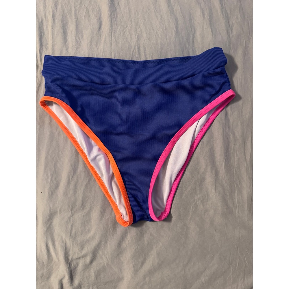 Blue Ribbed High‎ Waisted Bikini Bottoms Neon Orange Pink Trim Size 0XL